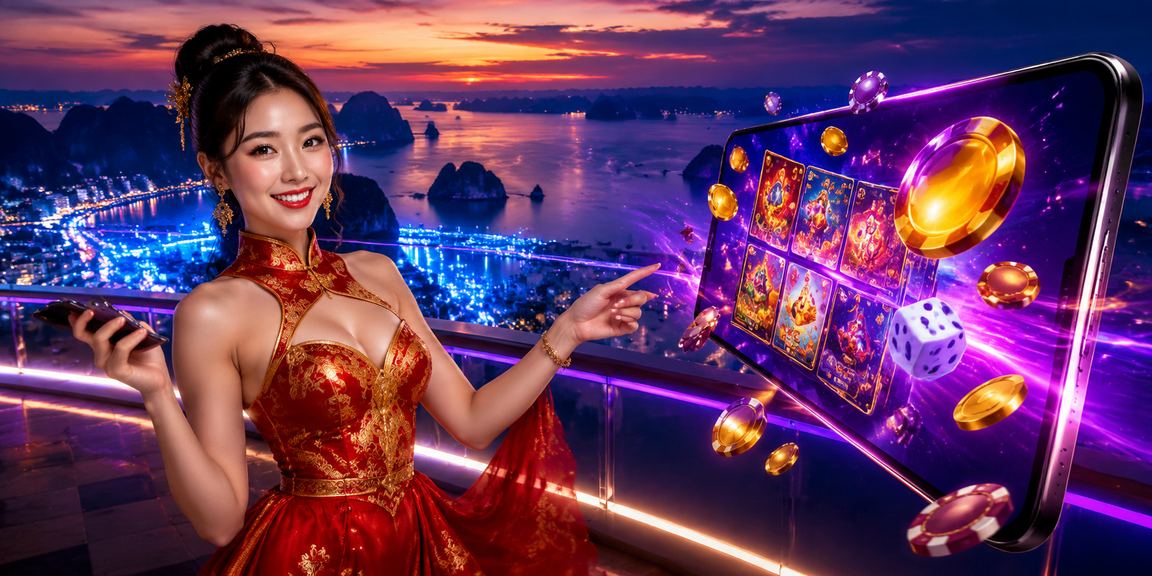 Giao diện ứng dụng casino trên điện thoại di động với cảnh vịnh Hạ Long rực rỡ về đêm